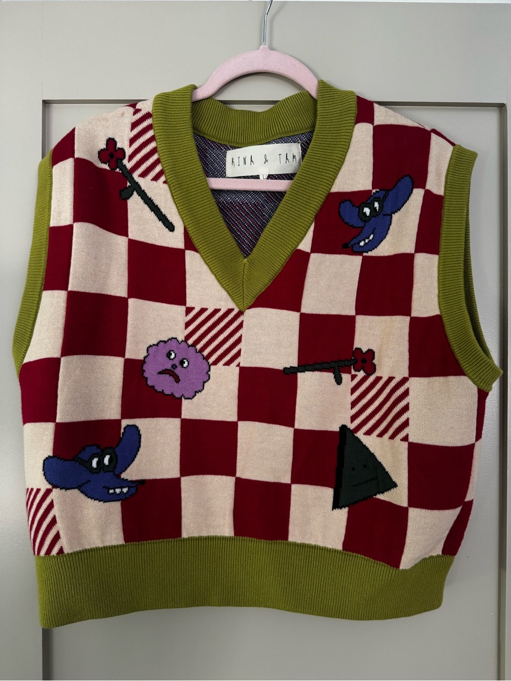 Kina & Tam Red and Cream Checkerboard Knit Vest with Olive Trim